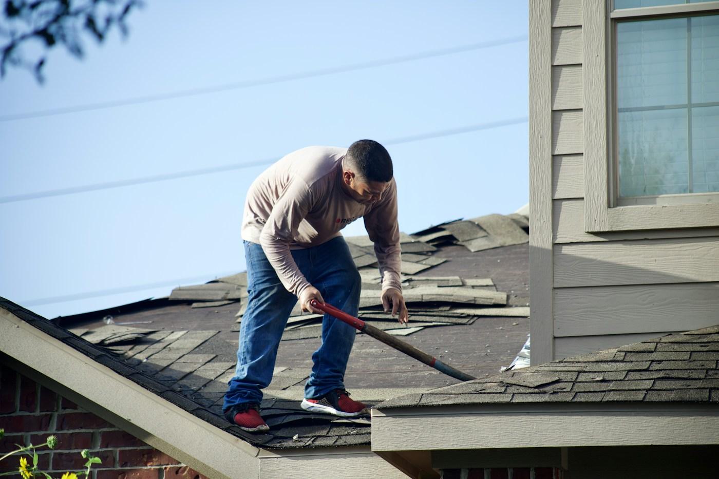 A roofer pulling up old shingles on a house
